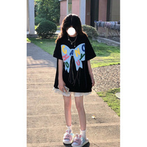 Letter short sleeve T-shirt 2022 Summer American vintage butterfly junction Flow Susha Taste Chic Easy not to blouse