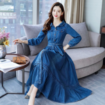 Denim dress with long dress in Korean version 2022 Spring and autumn season new body to collect waist chic port Taste Long Skirt