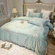 (Q BB) European washing silk embroidery flower four-piece cotton princess style lace edge quilt cover cotton summer