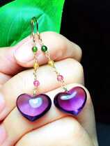 Natural Brazilian Amethyst love drop earrings 14k gold inlaid womens heart-shaped exquisite ear hook with tourmaline beads