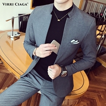 Leisure suit suit suit men Korean version of slim trend handsome stand collar tunic two-piece youth suit jacket men