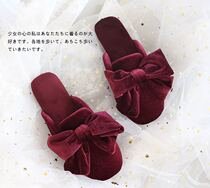 Bow red velvet slippers women wedding wedding wedding robe slippers Bride wedding shoes this year slippers indoor non-slip