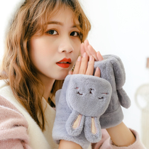 Gloves Winter female winter Korean cute plush soft sister plus velvet warm little girl exposed finger cycling to give girlfriend
