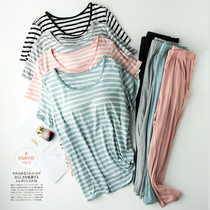 Modale Pajamas Woman Summer Thin section Striped Short Sleeves Seven Pants With Chest Cushion Cups Bra Loose home clothes