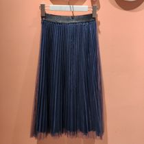 Autumn and winter golden velvet high waist elastic belt two layers of velvet mesh pleated skirt gauze skirt small man hidden Blue