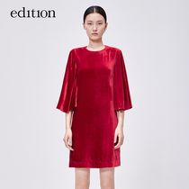 edition Velvet Dress Female Spring Seven-cut Sleeve Vintage Crewneck Ruffle Straight Dress moco