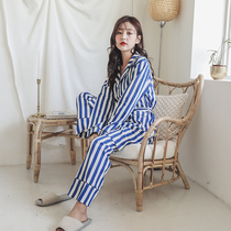 Pajamas womens spring and autumn stripes set cotton thin two-piece Net red long casual home clothes can be worn outside
