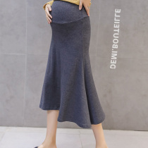 Pregnant womens new spring fashion tide mother long skirt knitted belly adjustable versatile work skirt