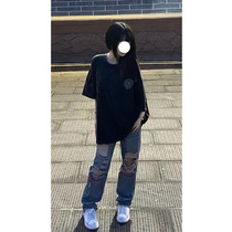 Breaking Hole Hair Side Denim Straight Barrel Pants Woman 2022 Summer Ins Tide American 100 Ride High Street Hot Girl With Lean Tide