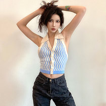 European and American wind turning V collar button outside wearing inner lap vest wrapping breasts sexy display slim personality Dancing Knitted Blouse Tide