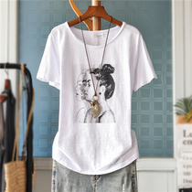 Korean version of loose slim girl print pure bamboo cotton short sleeve t-shirt womens summer dress large size wild base shirt top