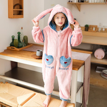 Childrens conjoined pajamas in autumn and winter thickened girls flannel girls coral velvet home clothing