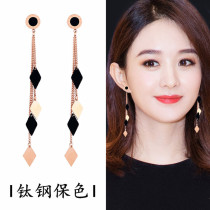 Zhao Liying same earrings Korean temperament simple titanium steel diamond tassel earrings long face thin earrings female