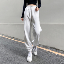 H home European and American womens# New White plus velvet warm clothes pants womens wild loose thin letter patch feet