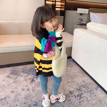 Girls sweater 2021 new children cartoon baby striped pullover foreign-style children Spring and Autumn base knitted skirt