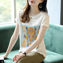 Baoshili round neck printing stitching short-sleeved T-shirt womens 2021 new summer Korean version of the foreign style short top tide