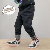 Boy plus velvet pants 2021 Winter new boy baby Foreign style black leggings kids padded jeans