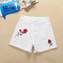 New loose hole denim shorts rose embroidered white high waisted shorts female student burrs hot pants wide legs x