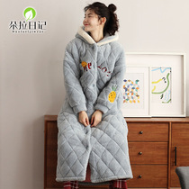 Dressing gown women winter thickened and elongated cotton three-layer coral fleece morning bathrobe autumn and winter pajamas flannel homewear