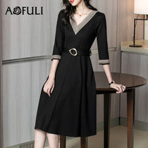 Aufli large size womens clothing 2021 spring new fat mm belly dress embroidery V-neck temperament waist long dress