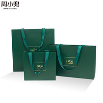 (Single shot without hair) Independent design imported paper bronzing vintage dark green ribbon tote bag gift bag