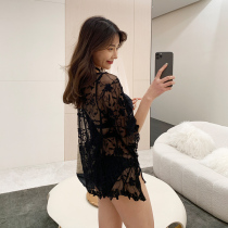 Bikini three-piece swimsuit womens triangle black three-point sexy steel support small chest gathering sunscreen lace blouse