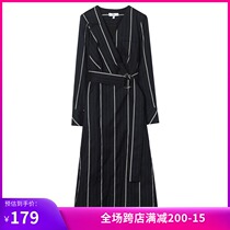 lily spring new womens temperament striped lace-up waist long V-neck dress 30C7294