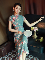 Improved version printed qipao 2021 new summer green young models of the country windy girl with dress retro long style