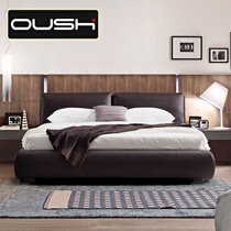 Italian Extreme Minimalist Leather Bed Genuine Leather Bedside Calf Leather Brief modern small family Type 1 8m Double beds light and luxurious main bed