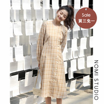  Buy three free one Kenting style retro V-neck long-sleeved dress womens mid-length temperament plaid skirt waist