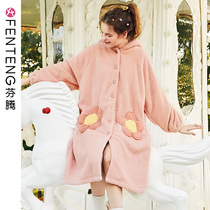 Finten Autumn Winter Coral Suede Sleeping Robe Woman Cute Printed Warm Flannel Suede Outside Wearing Long home Clothing Sleeping Dress