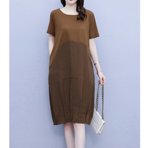 Big code Women in summer mid-length short sleeves T-shirt dress Fat MM conspicute cotton numb splicing temperament to cover dress and dress