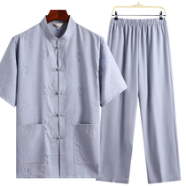 Summer cotton and hemp Tang suit mens short-sleeved suit for the elderly dad clothes for the old man grandpa summer dress 50-60-70