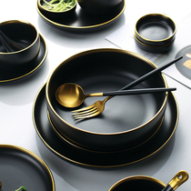 Ceramic gold edged matte black tableware set home simple Western steak plate salad rice noodle dish spoon