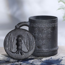 Creative Anhua Moraine rock cup with lid handle Personality pure hand carved Yongzhu office large capacity water cup