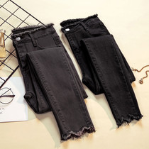 Large size plus velvet jeans female fat sister mm pants black stretch thin waist 200kg womens pants winter tide
