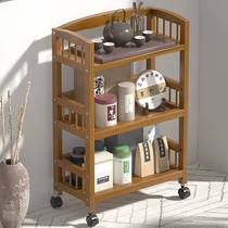 Solid wood shelf movable living room floor-standing bamboo cart kitchen storage cabinet multi-layer simple tea shelf