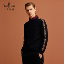 (Bamboo insulation velvet) Bhiyin Leuven spring new casual classic check webbing crewneck sweatshirt