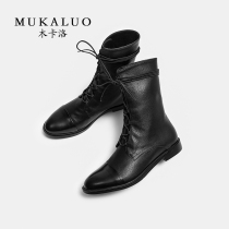  Wooden Carlo British Martin boots female real Pippin heel all-match autumn and winter ankle boots round head thick heel front lace-up booties