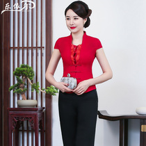 Summer short-sleeved modified linen cheongsam top Chinese embroidery Tang suit set Retro mom dress wedding dress large size