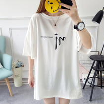 Fat mm size medium long short sleeve T-shirt female 2021 summer New loose 200 Jin round neck pullover top