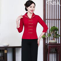 Flax modified Tang cheongsam set medium sleeve short embroidery cotton top Chinese mother dress wedding banquet dress big size