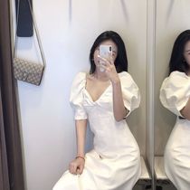 2021 spring new Korean version of Joker early bed V-neck puffy sleeve fairy dress Hong Kong taste light mature style dress women