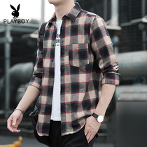 Playboy plaid shirt mens long-sleeved spring and autumn Korean version of the trend casual loose wild youth Hong Kong wind top