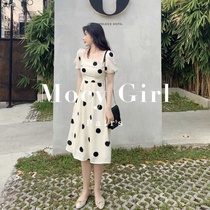 Sandro asw polo point chiffon dress women 2021 summer new Korean version of gentle square collar Foreign color waist long skirt