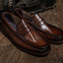 Inlen Wind Retro summer hand sewn genuine leather jacket footed Lefoe shoes mens round head casual leather shoes Goodyear