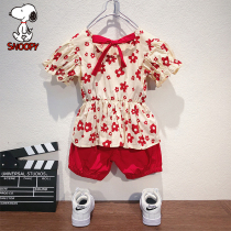 Innube Snoopy girls summer suit children foreign air short sleeve shorts baby two sets pure cotton summer dress