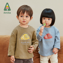 Amila childrens clothing 2021 autumn new mens and womens striped long-sleeved bottoming spring cotton T-shirt soft and skin-friendly