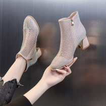 High heel shoes women 2022 new summer spring autumn coarse heel Martin short boots hollowed-out mesh yarn breathable cool boots