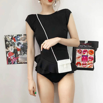South Koreas new solid color halter V back gathered short sleeve belly flat corner thin waist high waist bikini swimsuit women